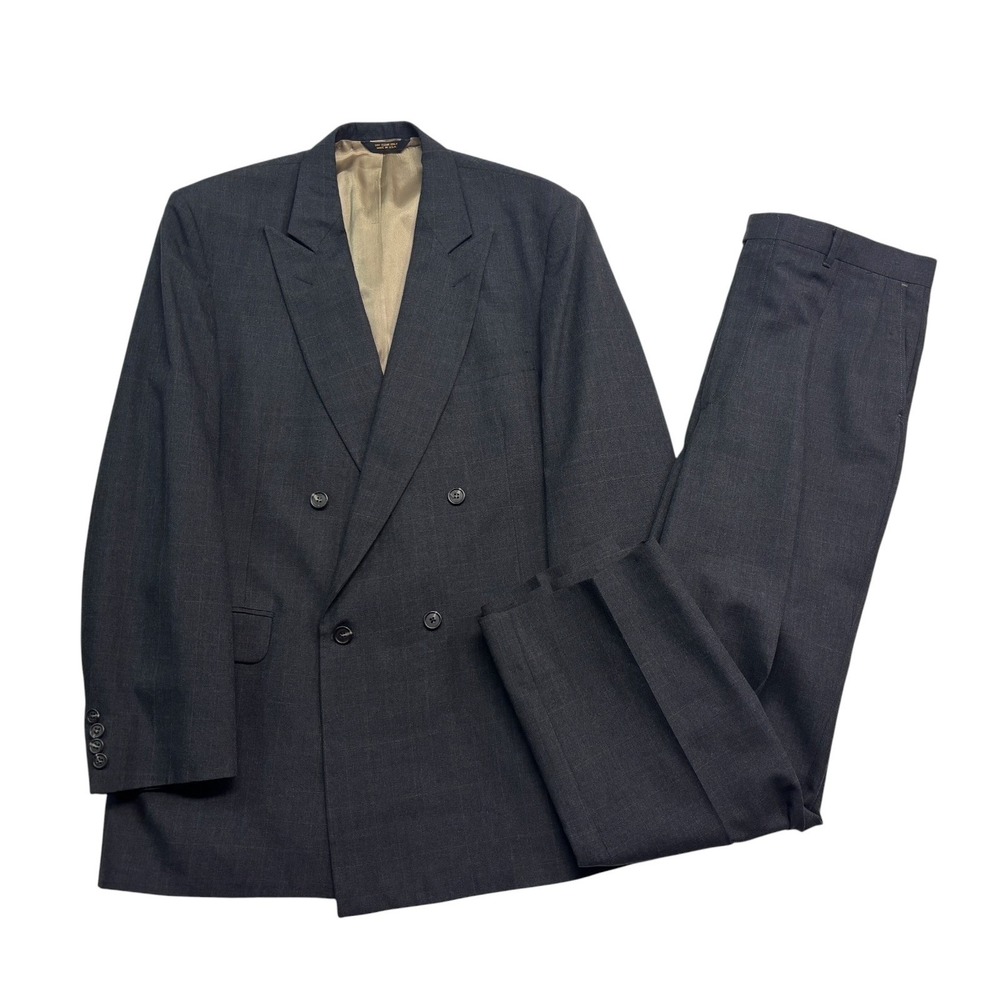 vtg 90s Hunting Horn 42R 36x30 Charcoal Check Double Breasted 2pc Pant Suit USA